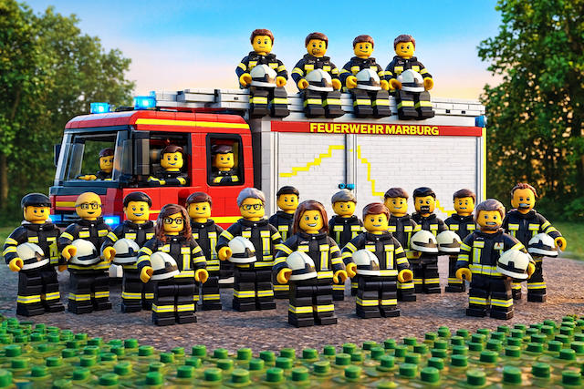 LEGO Feuerwehrtruppe bei Sonnenuntergang